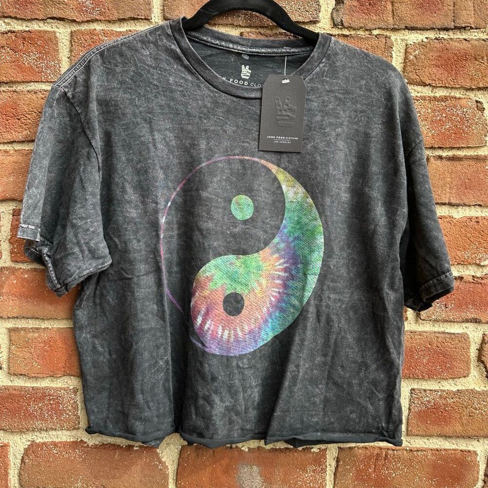 Junk Food Clothing Black Mineral Wash Tee with Tie-Dye Yin Yang Graphic